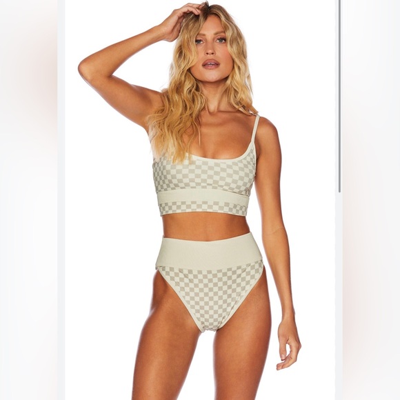 NWOT Beach Riot Eva Bikini in Tan Checkered Top M and Bottoms L High Waisted Set - Picture 10 of 15